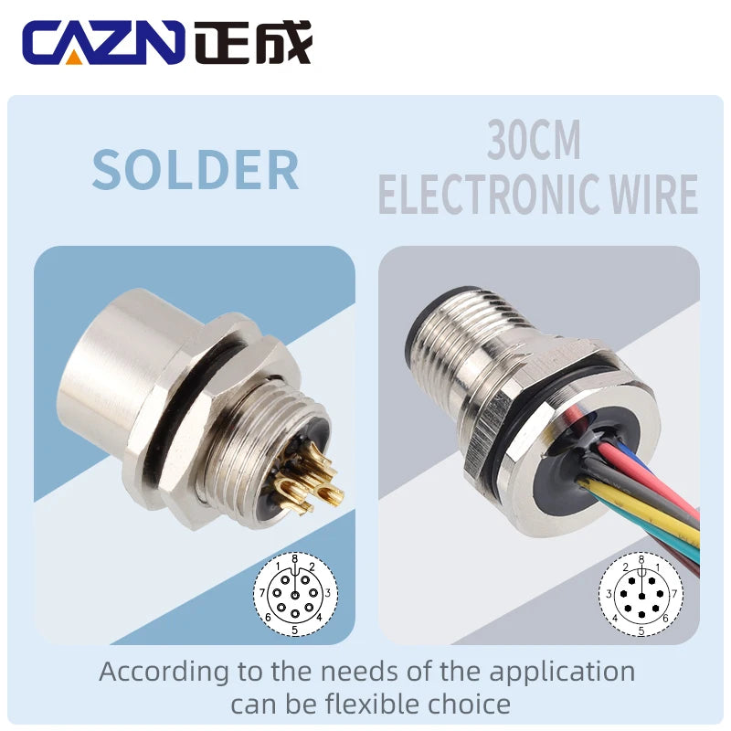 M12 Panel Male Female  Metal Front Mount Socket Solder 4 6 8 12 Pin Receptacle Straight Circular Connectors With 30cm Wires