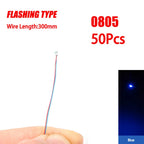 50pcs 0805 FLASHING LED SMD Lamp Wired Micro Litz Led Pre-Soldered Chip Wired 3V Railway Model Toy Light DIY Leads Wires 30cm