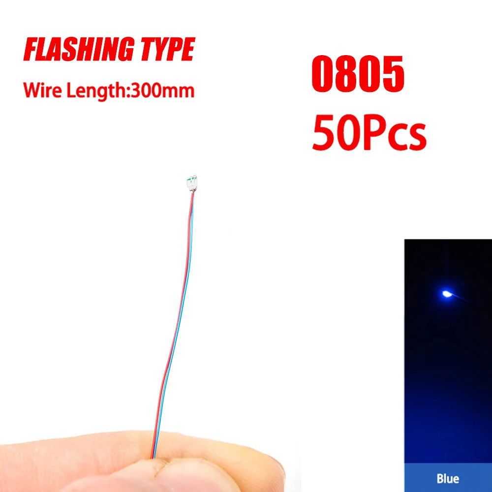 50pcs 0805 FLASHING LED SMD Lamp Wired Micro Litz Led Pre-Soldered Chip Wired 3V Railway Model Toy Light DIY Leads Wires 30cm