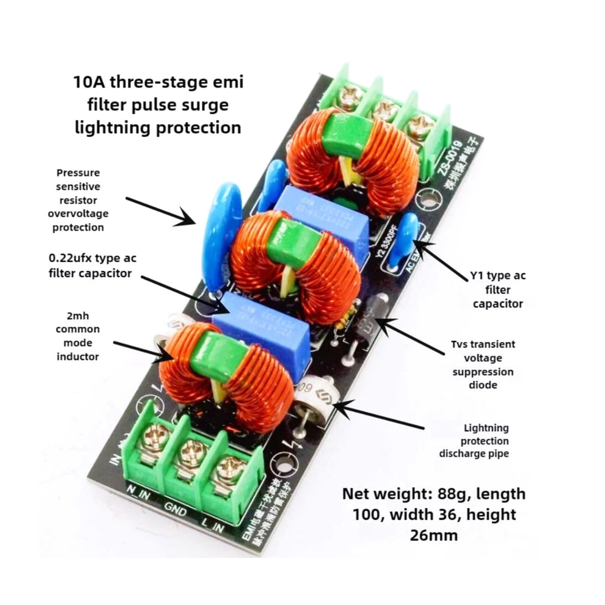 2A 4A 10A 15A 18A AC 220V/110V EMI Filter 3-Stage EMC FCC Power Filter Audio Amplifier Purifier Pulse Surge Lightning Protection