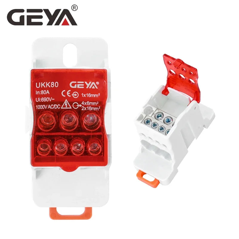 GEYA UKK-80A Distribution Box Din Rail Terminal Block 1 In 6Out Power Junction Box 80A Universal Electric Wire Connector