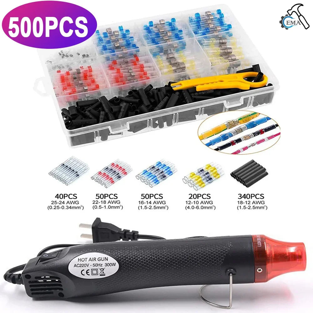 250PCS Solder Seal Wire Connector 530pcs Heat Shrink Tubing Butt Connector Kit Automotive Marine Insulated with 300W Hot Air Gun