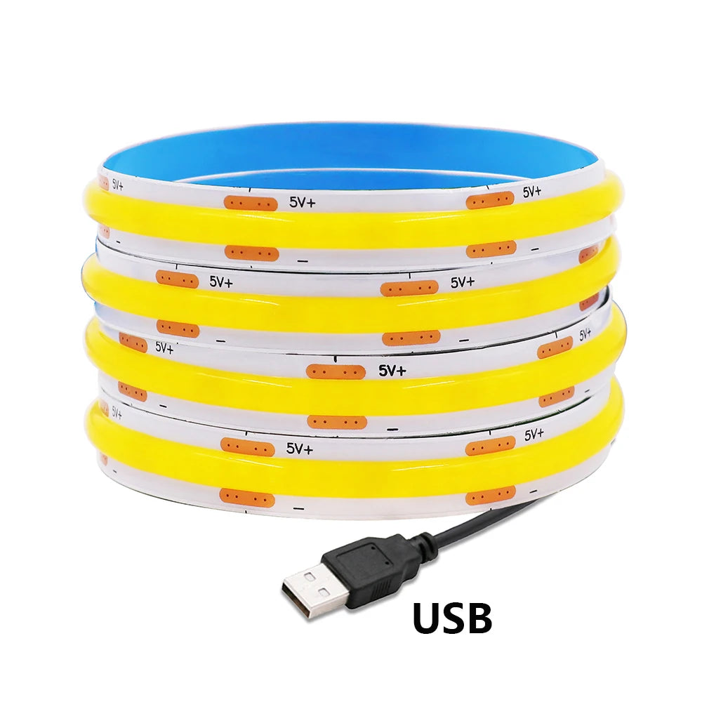 DC 5V COB LED Strip Light With USB 2PIN Wire DC Plug 8MM 320LED High Density Flexible Tape 3000K 4000K 6000K Warm Natural White