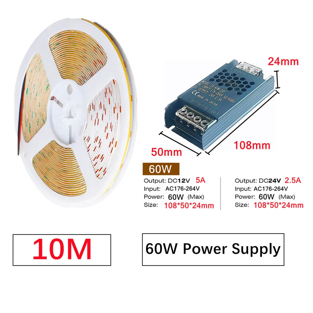 12V 24V COB LED Strip Linear Tape Light Ultra Thin with Power Transformer 2Pin Wire for Home Cabinet Engineering Decor 1 Set