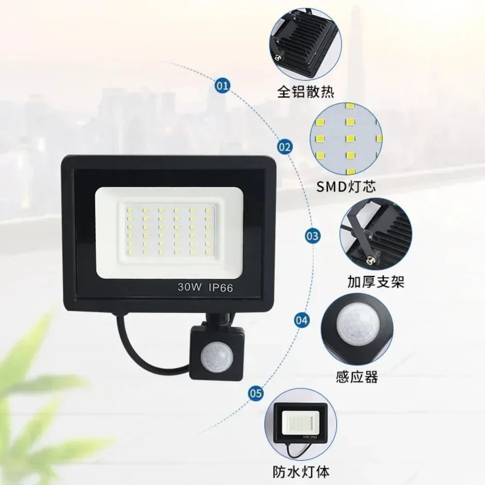LED PIR Motion Sensor Floodlight Outdoor Wall Light White Light 100W 50W 30W 20W 10W IP66 Waterproof LED Spotlight For Garden