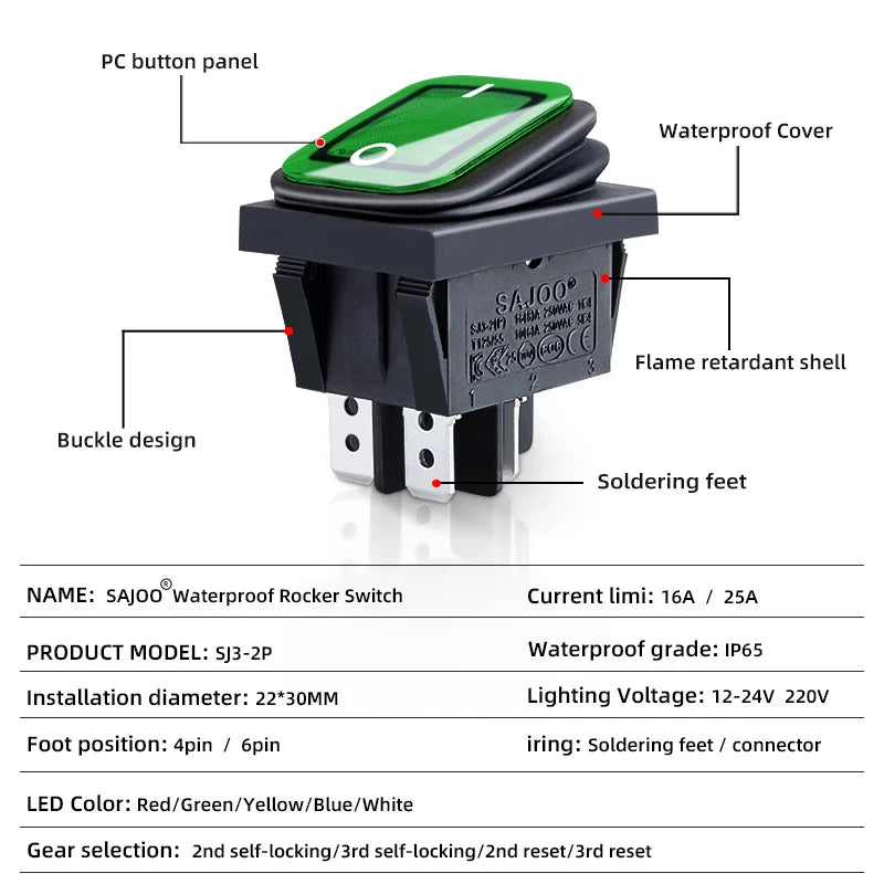 SAJOO Waterproof Rocker Switch KCD4 4Pin/6Pin DPDT With LED Lights Vehicle Boat Power Switch ON OFF 12V 24V 220V Size 22*30mm