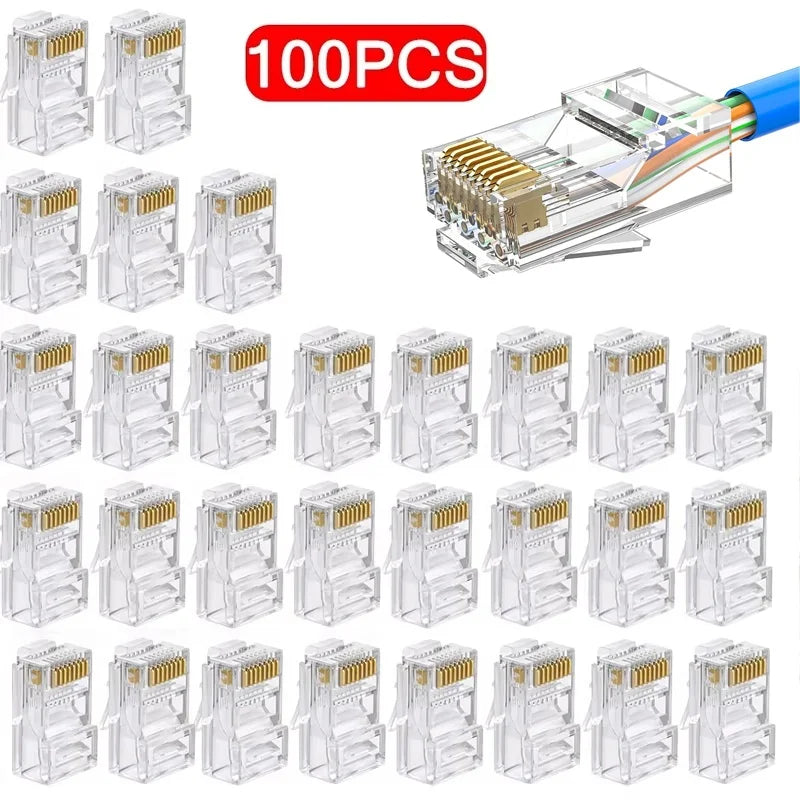 100 Pcs RJ45 Connector CAT6 CAT5e Pass Through Connectors Crystal End Connector Network Unshielded RJ45 Perforated Crystal Head