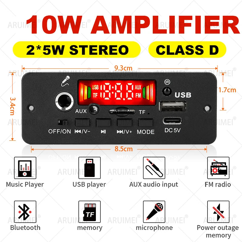 ARUIMEI 10W Digital Amplifier MP3 Decoder Board DC 5V Bluetooth 5.0 FM Support Microphone Car MP3 Player with Remote Controller