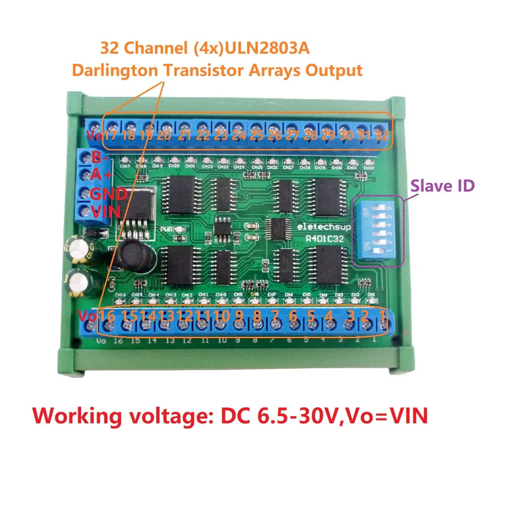 DC 12V 24V 32-Channels DIN35 C45 Rail Box RS485 Modbus RTU ULN2803A Darlington Transistor Controller PLC IO expansion Board