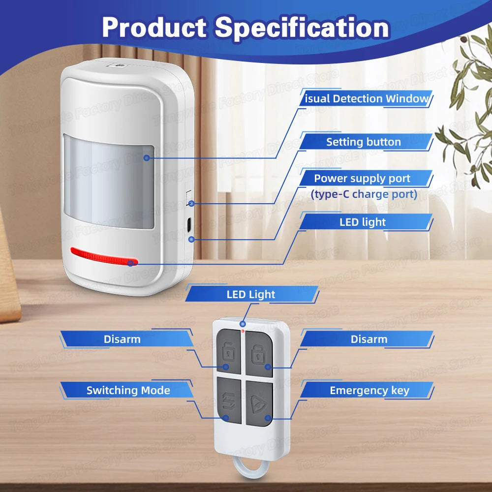 Wireless Alarm Security System Infrared PIR Motion Sensor Detector with Doorbell / Alarm Sound Remote Control to Arm/Disarm SOS