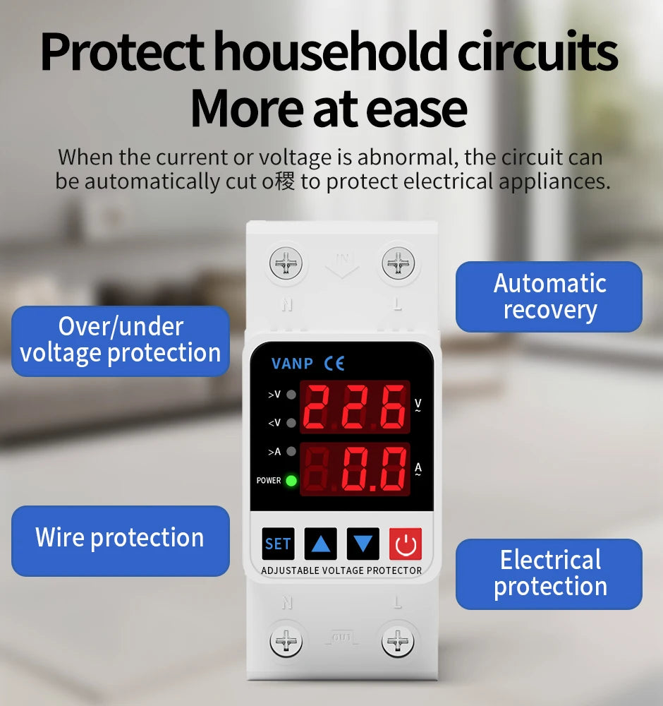 GTRIC Voltage Protection Relay Din Rail Over Under Voltage Protector 230VAC 40A 63A Adjustable Voltage Current Protection Device