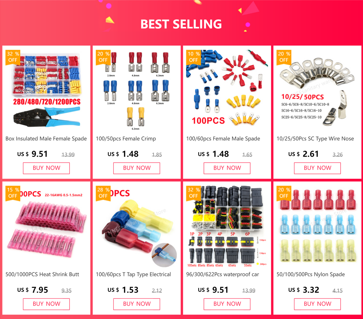100/50/10pcs Female Crimp Terminal 2.8mm 4.8mm 6.3mm Insulated Spade Wire Connector Electrical Wiring Cable Plug Red blue yellow