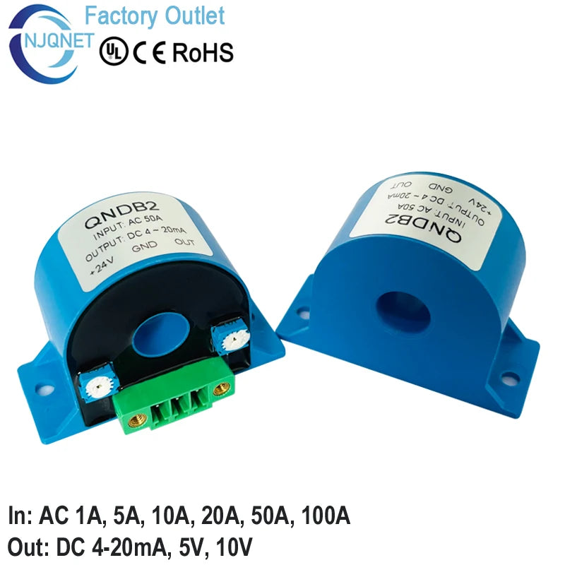 AC Current Sensor QNDB2 Input 5A 10A 20A 50A 100A Output 4 20mA CT Current Transformer Transmitter Current Transducer 420mA