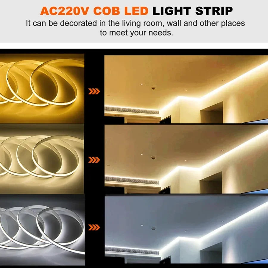 220V Flexible Tape Lights Dimmable COB LED Strip Light Smart IC No Need Driver High Bright 240LEDs/m Linear Lighting RA95