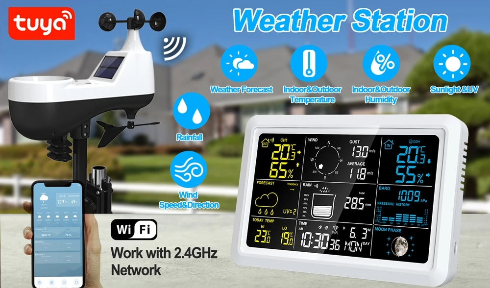 7.5" VA Wireless Tuya Weather Station Auto Alarm Clock Temp-Humidity UV Wind Speed Rainfall Meter Solar Panel Forecast Sensor