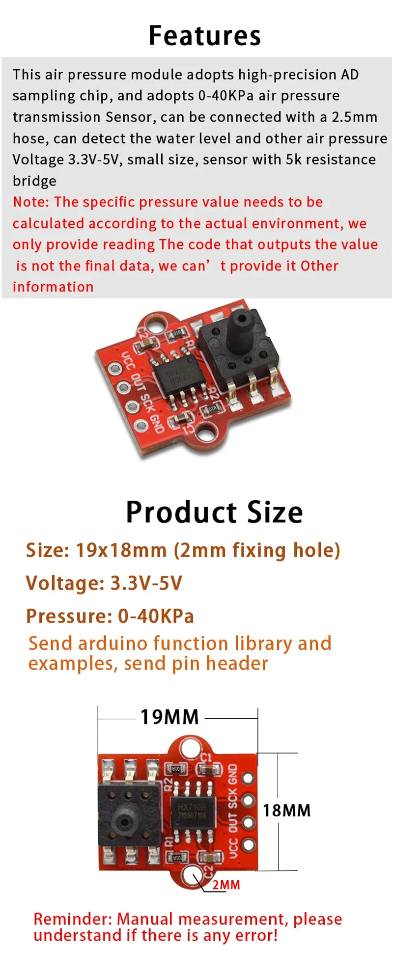 DC 3.3V 5V 0-40KPa Pressure Sensor Module Connect 2.5mm Soft Tube Digital Liquid Water Level Controller Board For Arduino