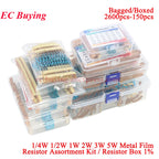 2600Pcs/150pcs 1/4W 1/2W 1W 2W 3W 5W Metal Film Resistor Assortment Kit 1% 0.25W 0.5W Resistance Set Electronic Components Kits