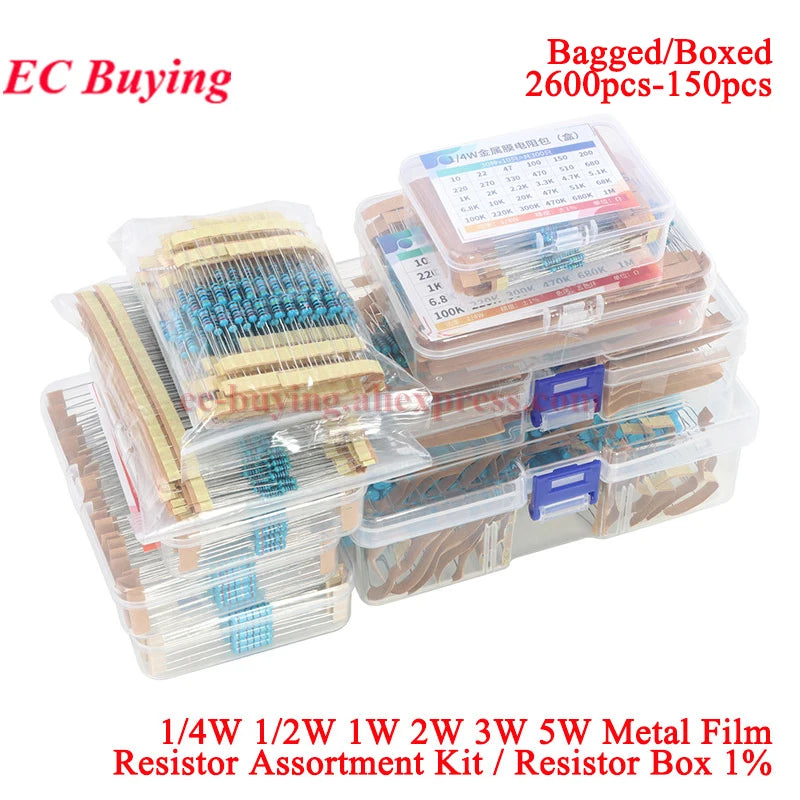 2600Pcs/150pcs 1/4W 1/2W 1W 2W 3W 5W Metal Film Resistor Assortment Kit 1% 0.25W 0.5W Resistance Set Electronic Components Kits