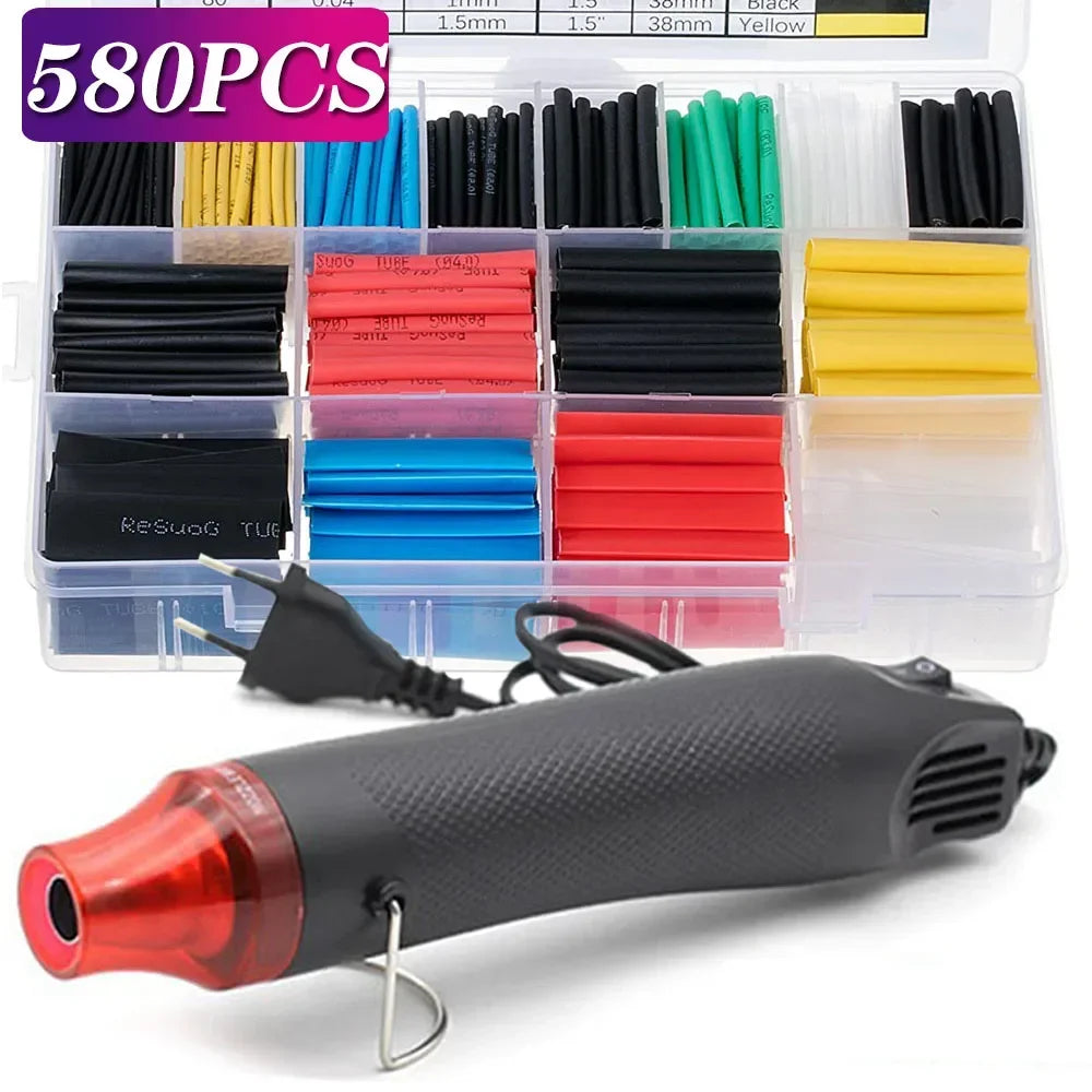 Electrical Mini Heat Gun Handheld Hot Air Gun with 80/530/127PCS Heat Shrink Butt for DIY Craft Embossing Shrink Wrapping PVC