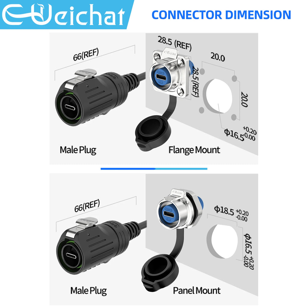 EW-LP16 Type-C USB 3.1 5A Female Socket Rear Nut Locking Jack Panel Mount Connector Waterproof Fast Charging Data Wire Cable