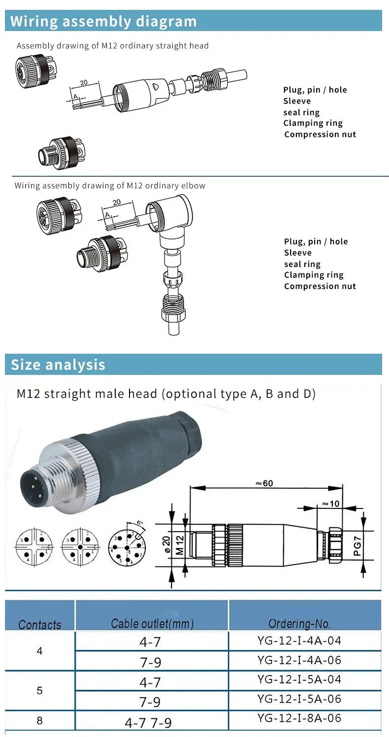 M12 Waterproof IP67 Aviation Plug Socket 4 5 8 Pin Hole Needle Male Curved Straight Screw Solderless Power Connector PG7 Charger