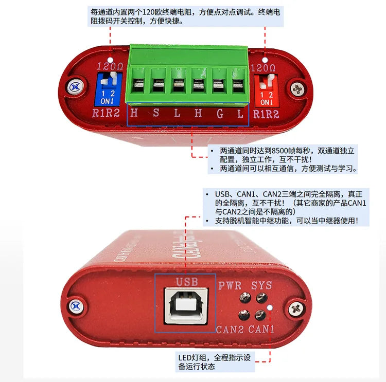 Stable Smart CAN Analyzer Portable USBCAN-2 Debug Card CANOpen Protocol Dual USB To CAN Module 007