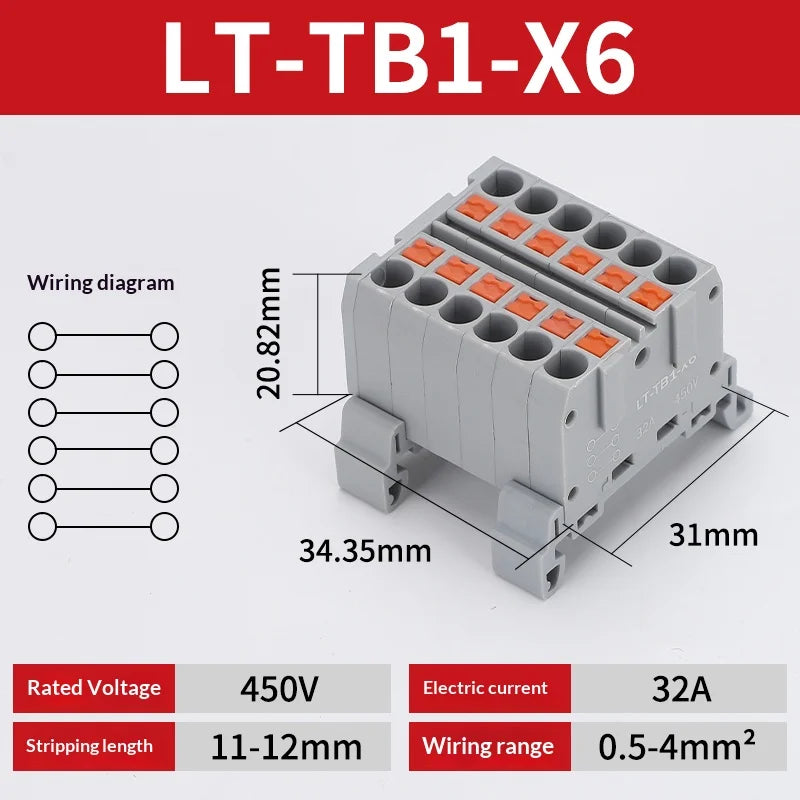 Push-in Terminal Block Multiple In Out Terminal Quick Connection of Wires Din Rail Wire Connector Universal Junction Box TB1-X6D