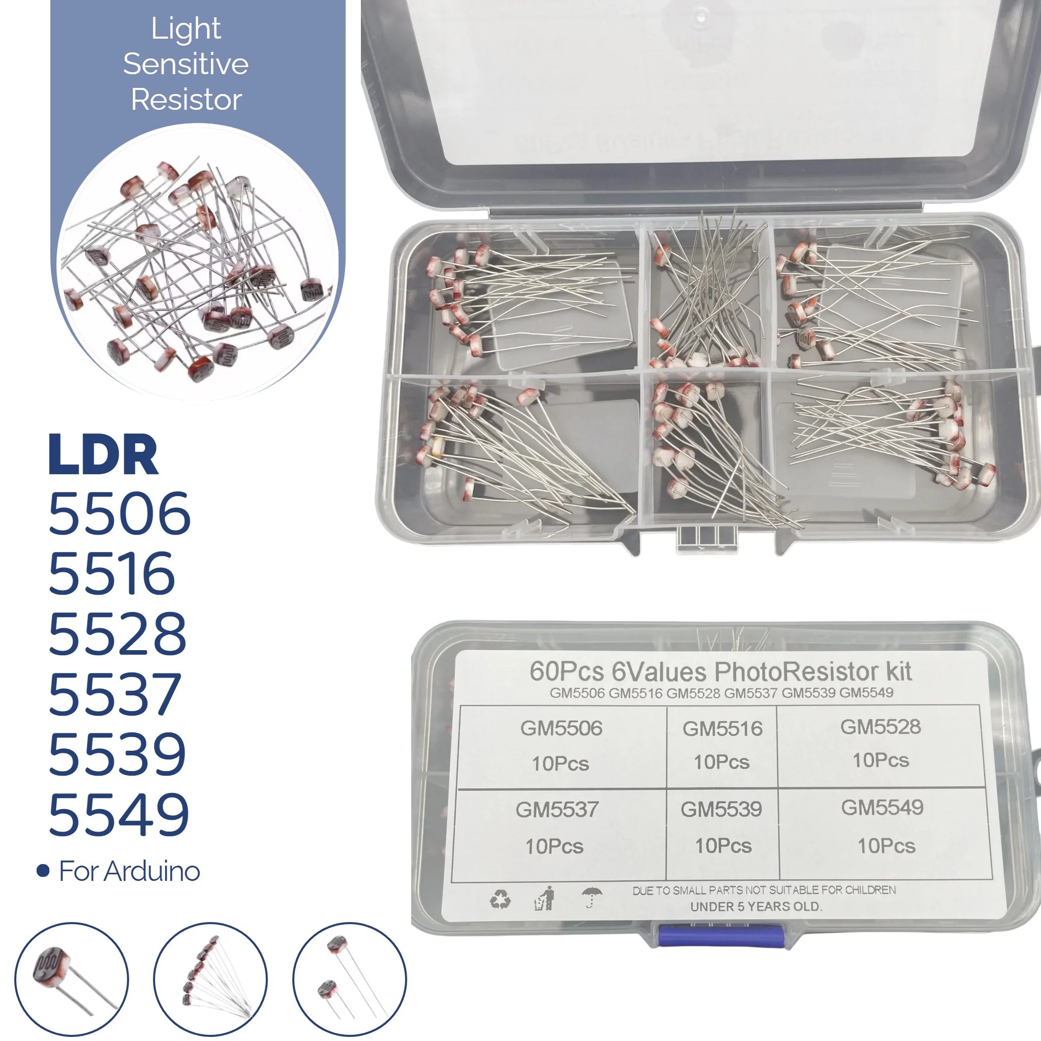 60PCS/kit LDR Photo Light Sensitive Resistor Photoelectric Photoresistor 5528 GL5528 5537 5506 5516 5539 5549 For Arduino