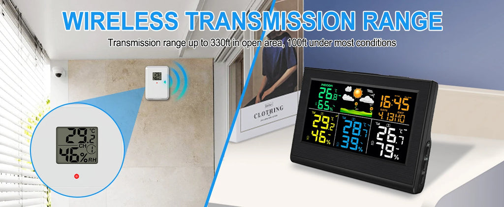 Wireless Weather Station with 3 Sensors 8 Channels 100m Range Indoor/Outdoor Thermometer Hygrometer Alarm Clock for Home Office