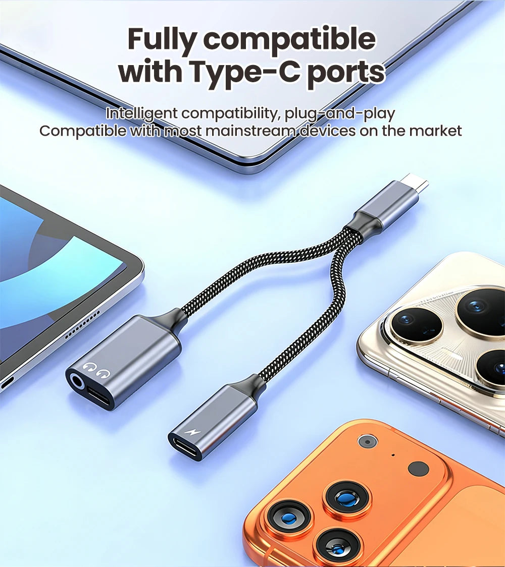 3 in 1 USB C Adapters Type-C to 3.5mm/Type-C Headphones+ Type-C Charging Connector For iPhone 15-17 Xiaomi Huawei Samsung Phones