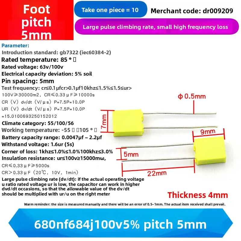 10PCS 100V Correction Capacitor Polypropylene Safety Plastic Film 100V 1nF ~ 470nF 100nf 220nf 10nf 47nf 22nf 1nf 0.47uf 0.1uf