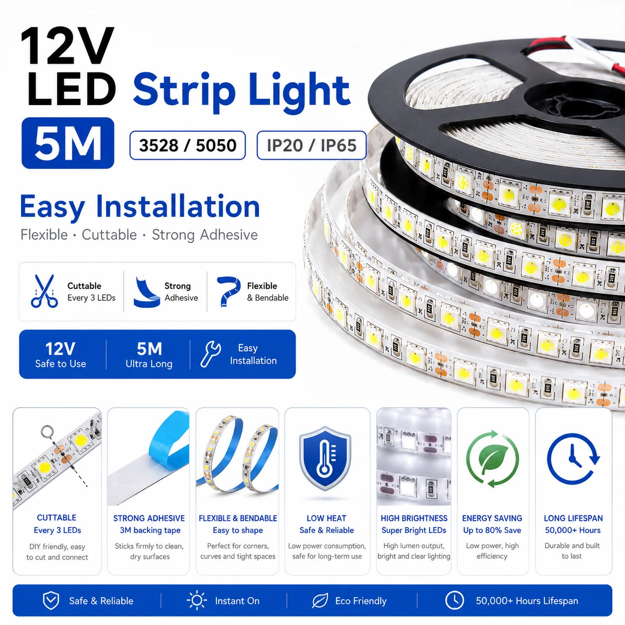 5M 12V LED Strip Light 3528 5050 SMD LED Tape RGB Red Green Blue White Warm White Waterproof Flexible Light for Home Decor
