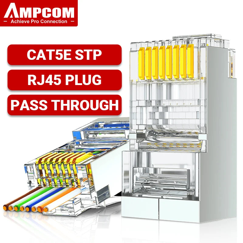 AMPCOM RJ45 Connector 50U Gold Plated CAT7 CAT6 CAT5E Pass through Modular Plug 8P8C Crimp End for Solid Wire Stanrded Ethernet