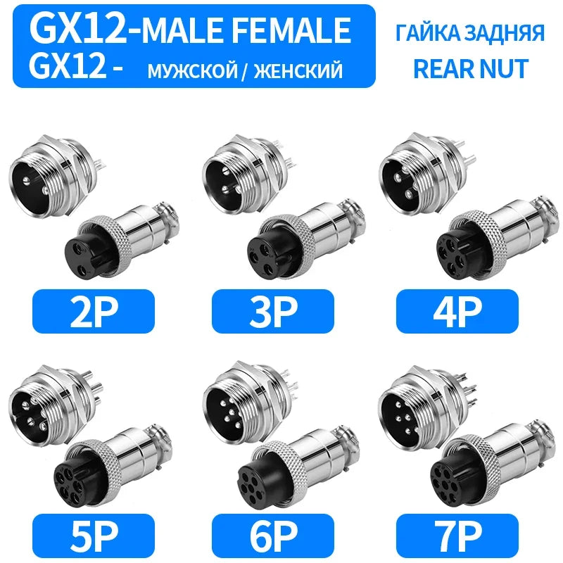 GX12 Aviation Connector 2/3/4/5/6/7 Pin Metal Male Female Plug Socket Fixed & Docking Mobile Wire Panel Circular Connector Set