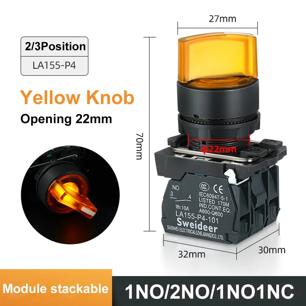 XB4 Knob Switch with LED 22mm 2/3Position Self Locking 1NO/2NO/1NO1NC Select Rotary Switch with Light 12V 24V 220V 10A Red Green