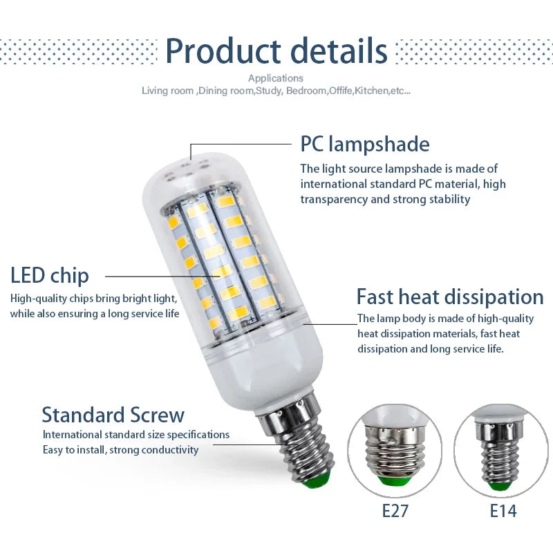 E27 LED Lamp AC 220V 230V Corn Lamp 24 36 48 56 69 72leds Lampada Led Bulb SMD5730 Led Lamp Light E14 Chandelier Lighting 240V