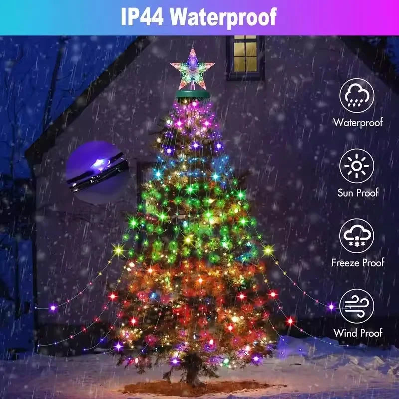RGB Christmas Tree Waterfall Lights With Star Topper,APP Remote Control LED String Lights Multicolor Fairy Light Indoor Outdoor