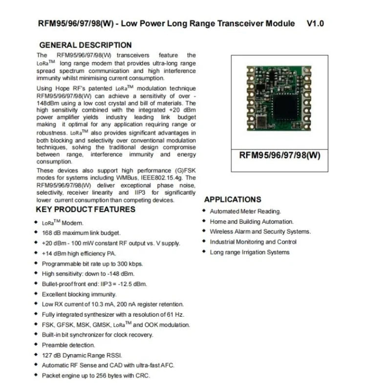 RFM96 RFM96W 433MHZ lora module SX1276 Low Power Long Range Transceiver Module