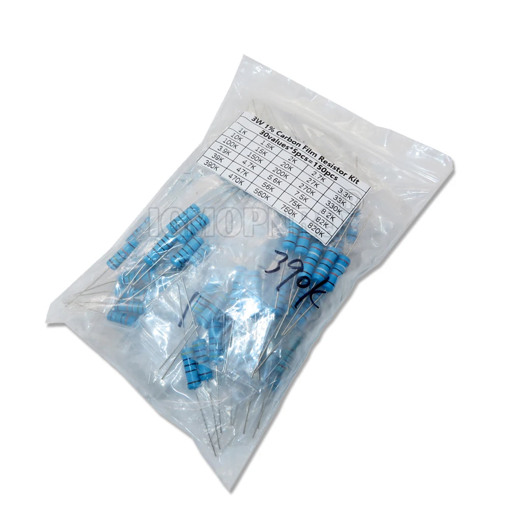300PCS/Set 30 Kinds 1/4W 1/2W 1W 2W 3W Resistance 1% Metal Film Resistor Pack Assorted Kit 0.1R-750R 1K-820K Resistor 150PCS/Set