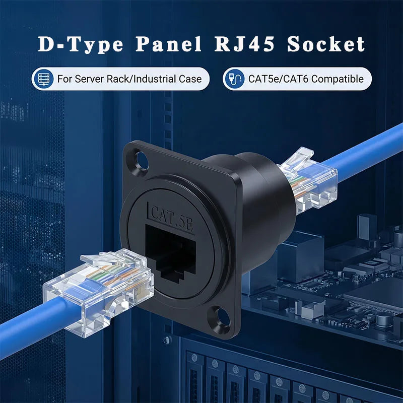 D-Type Panel Mount RJ45 Socket CAT5e/CAT6 Ethernet Direct Data Signal Waterproof Connector For Industrial Enclosure, Server Rack