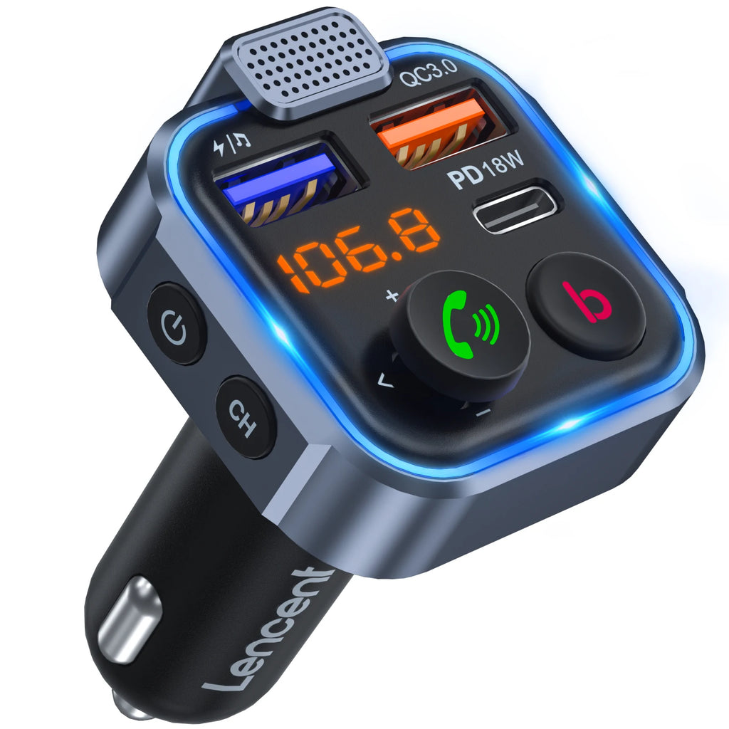 LENCENT FM Transmitter Wireless Bluetooth 5.0 Handsfree Car Kit with Type-C PD 20W+ QC3.0 Fast USB Mp3 Player