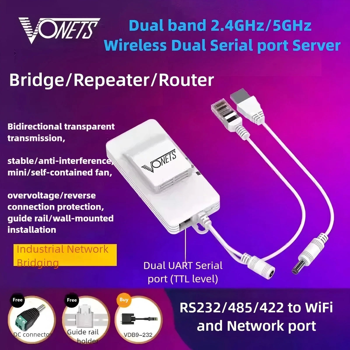 VONETS VAP11S-D232 Dual-Band Wireless Bridge Router Serial Port Service UART/TTL to RS232/485/422/WiFi to Ethernet Converter