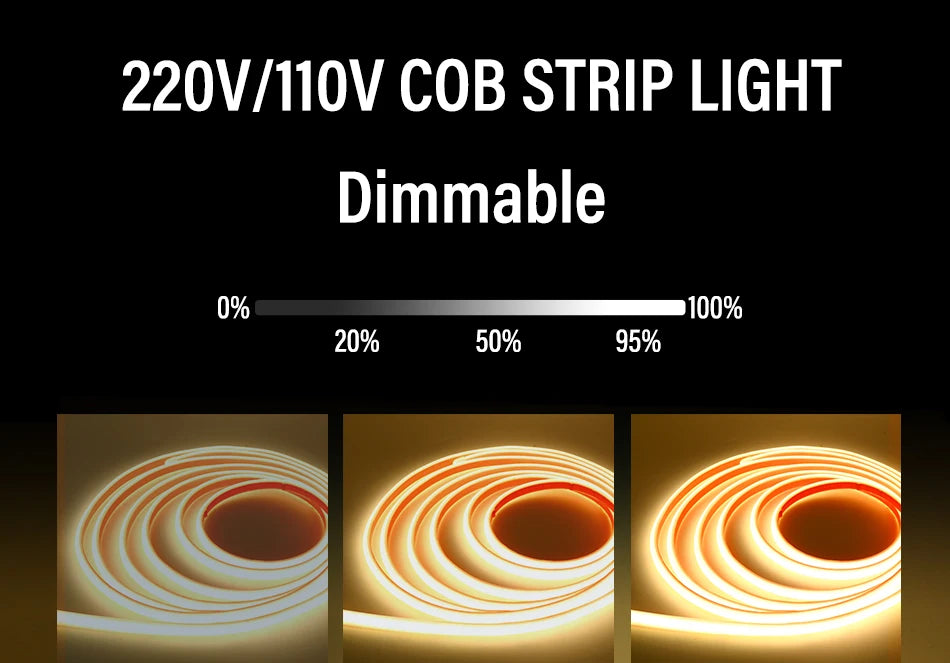 220V COB LED Strip Light High Bright Switch/Dimmable US 110v EU Plug Neon Tape Kitchen Cabinet  lighting Waterproof garden