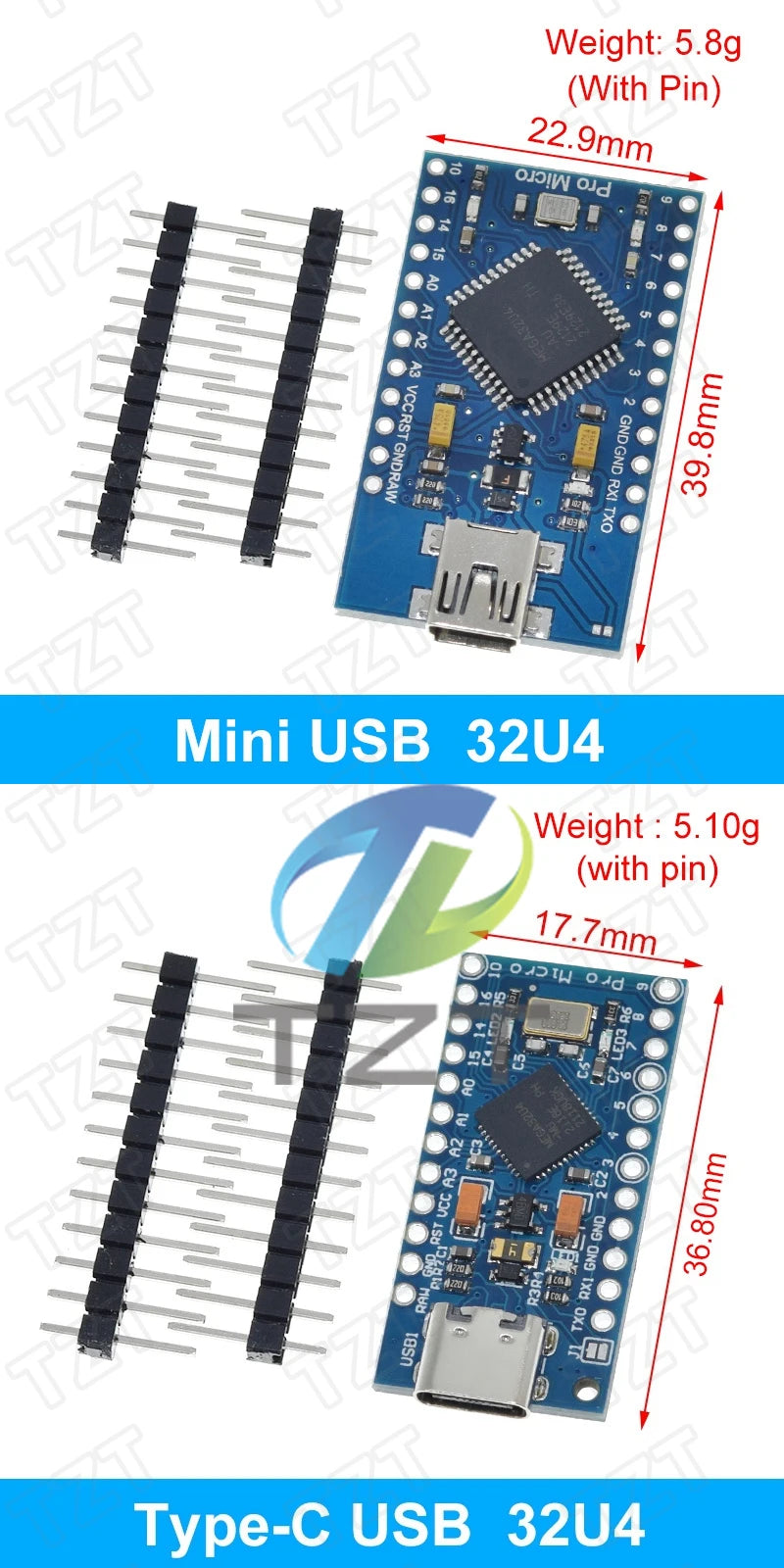 TZT Pro Micro ATmega32U4 5V 16MHz Original Chip Replace ATmega328 For Arduino Pro Mini With 2 Row Pin Header For Leonardo UNOR3