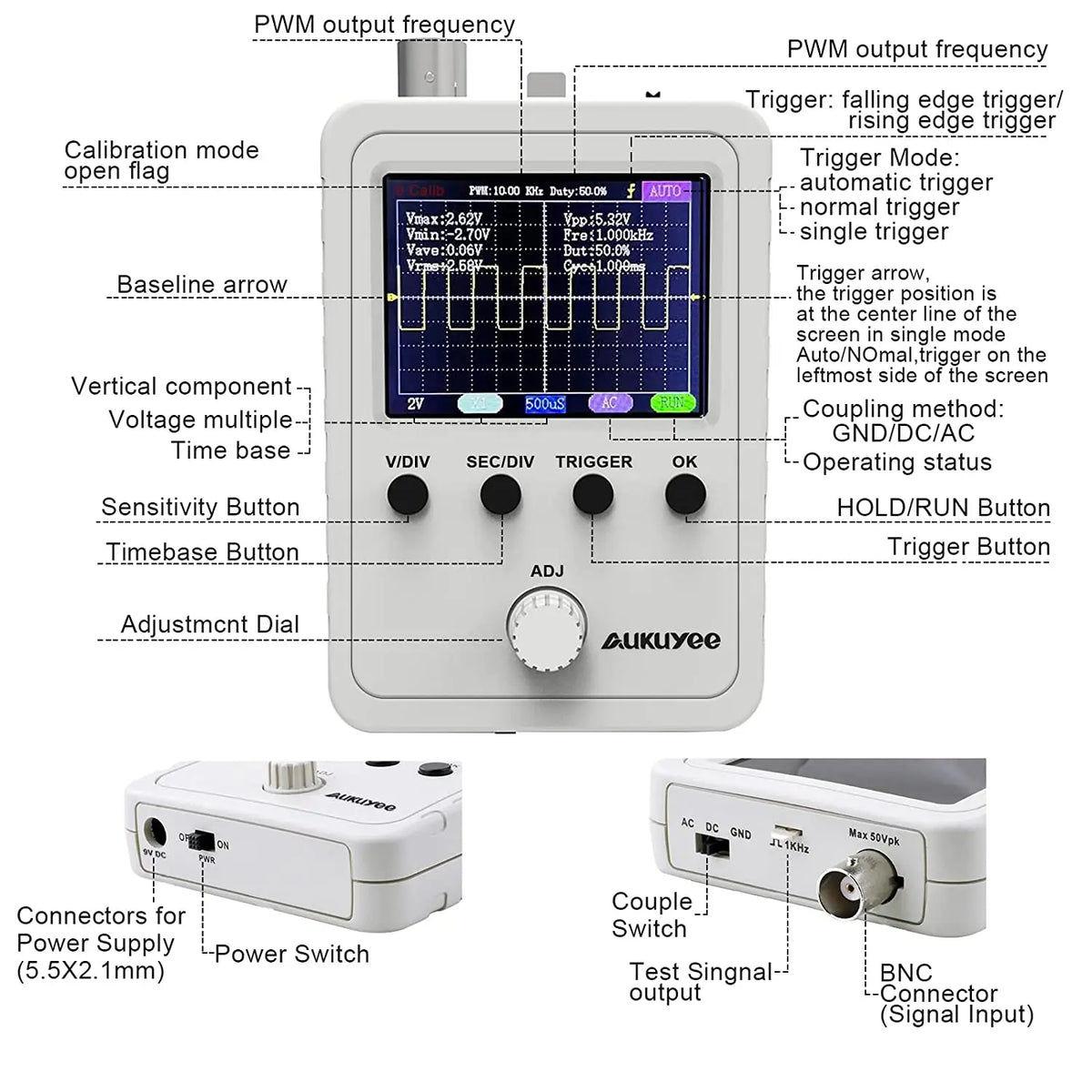 FNIRSI 2.4” TFT Handheld Digital Oscilloscope 0-200KHz Bandwidth 1M Sampling Rate with BNC-Clip Cable Probe and Power Supply