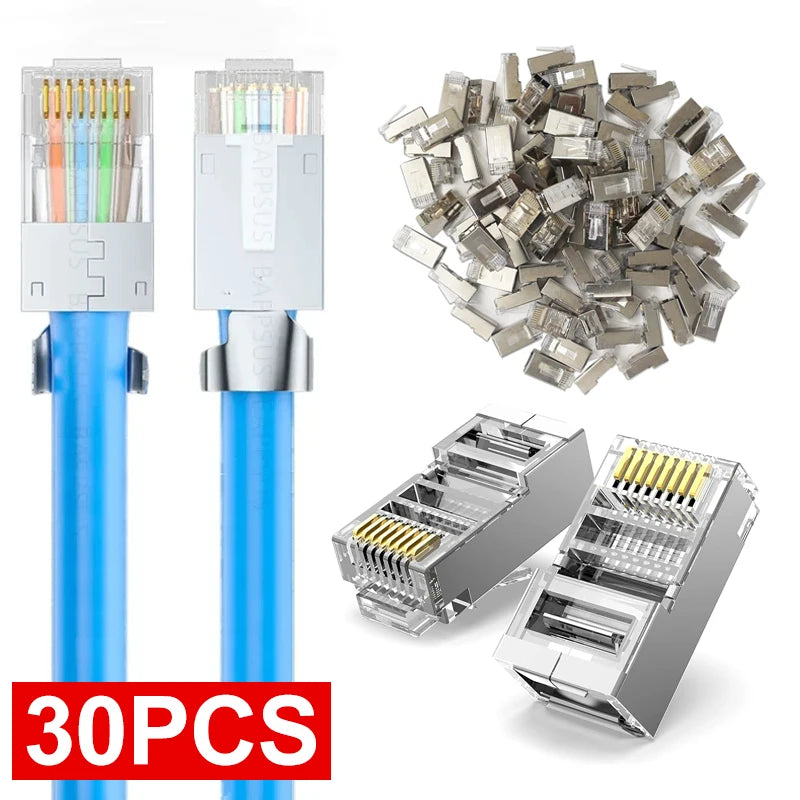 CAT6 CAT7 CAT5 RJ45 Shielded Connectors Pass Through Modular Plug Network UTP 50μ Gold-Plated 8P8C Crimp End for Ethernet Cable