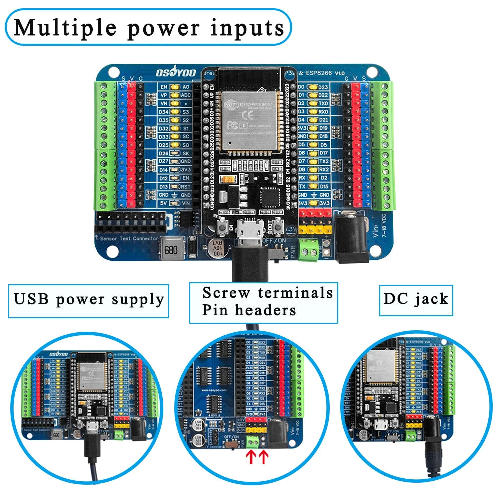 OSOYOO Breakout Board for 30-Pin or 38-Pin ESP32-WROOM/WROVER & ESP8266 NodeMCU, Not for ESP32-C/S/H/P Series