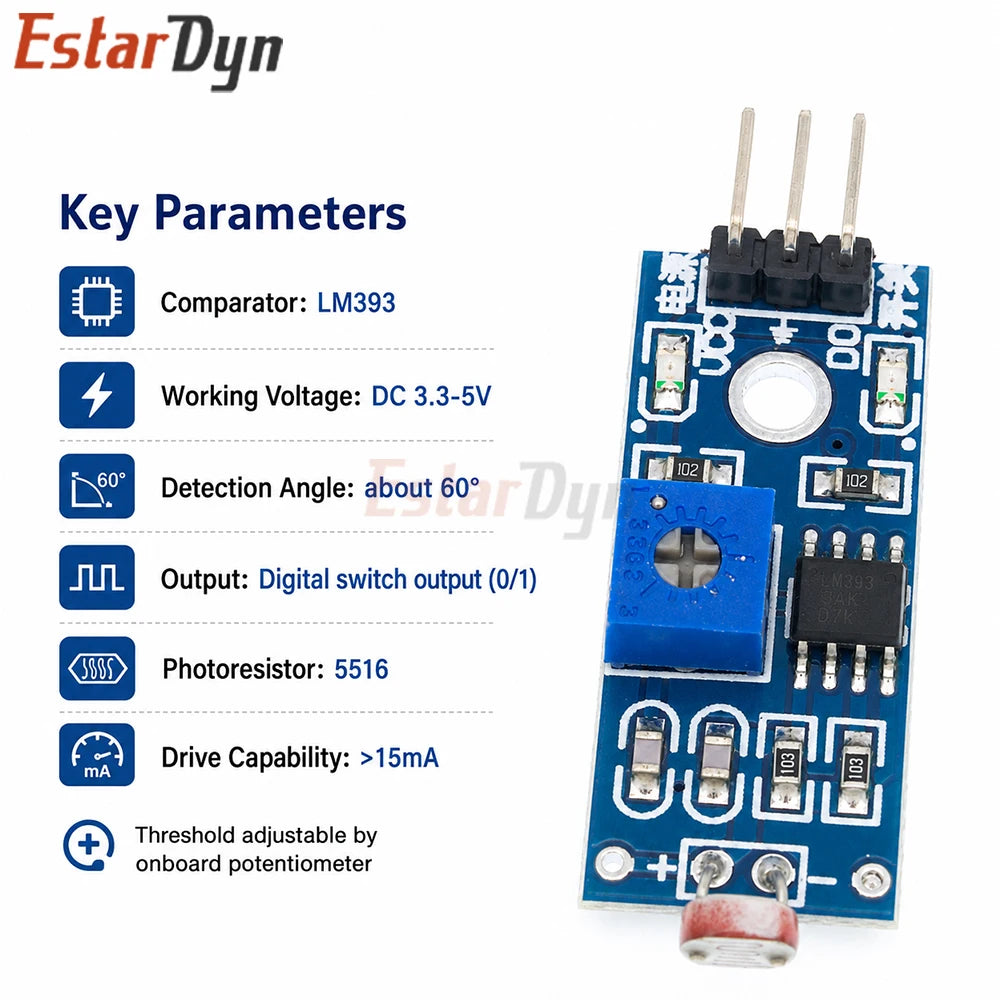 Estardyn 3.3V-5V Photoresistor Light Sensor Module 3Pin LDR Detector for Robot Light Following DIY & Smart Lighting