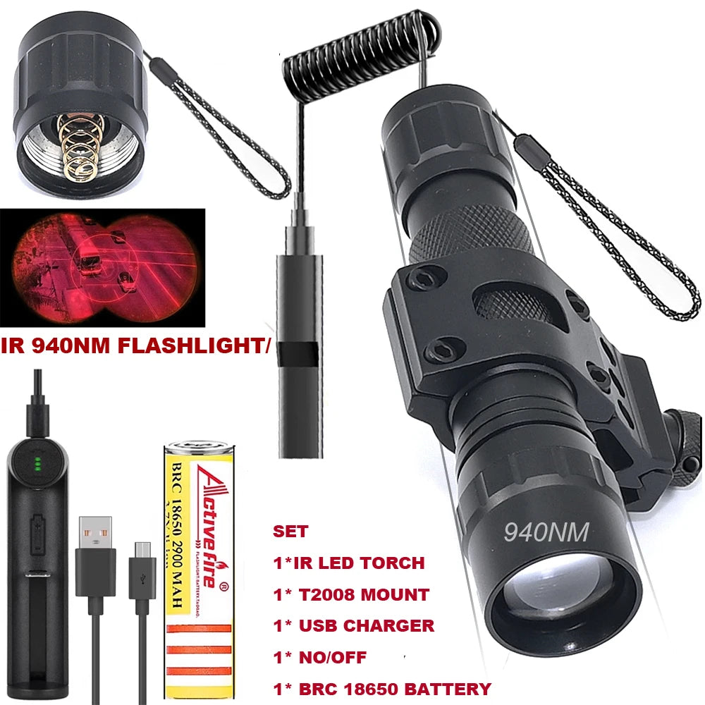 Zoomable LED Infrared Tactical Flashlight Night Vision Rechargeable Waterproof Hunting Torch 850nm/940nm IR Flashlight