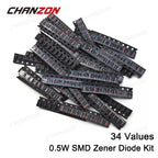 34 Values 0.5W SMD Zener Diode Assorted Kit 2V 3V 3.3V 3.6V 5.1V 5.6V 7.5V 10V 12V 13V 15V 16V 18V 20V 22V 24V 30V 36V 39V 47V